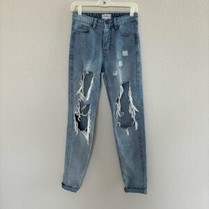Princess Polly Lioness Blue Ripped Soft 100% Cotton Denim Boyfriend Jeans Sz S